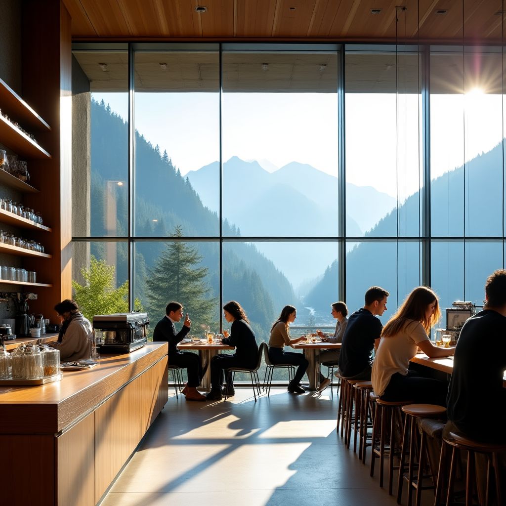 Modern Vancouver cafe with mountain views